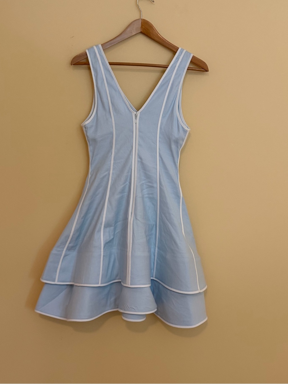 Maeve Linen Blend Blue V‑Neck Layered Hem Mini Dress - Picture 7 of 9